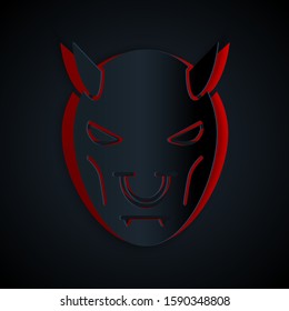 Paper cut Mask of the devil with horns icon isolated on black background. Paper art style. Vector Illustration