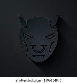 Paper cut Mask of the devil with horns icon isolated on black background. Paper art style. Vector Illustration