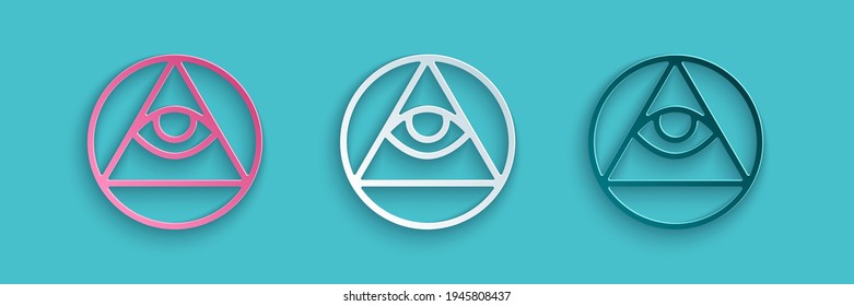 Paper cut Masons symbol All-seeing eye of God icon isolated on blue background. The eye of Providence in the triangle. Paper art style. Vector