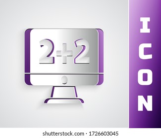 Cortar papel Sistema matemático de solución de ecuación en el icono de monitor de computadora aislado en fondo gris. Estilo de arte de papel. Ilustración vectorial