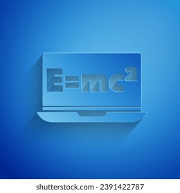 Paper cut Math system of equation solution on laptop icon isolated on blue background. E equals mc squared equation on computer screen. Paper art style. Vector