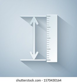 Paper cut The measuring height and length icon isolated on grey background. Ruler, straightedge, scale symbol. Geometrical instruments. Paper art style. Vector Illustration