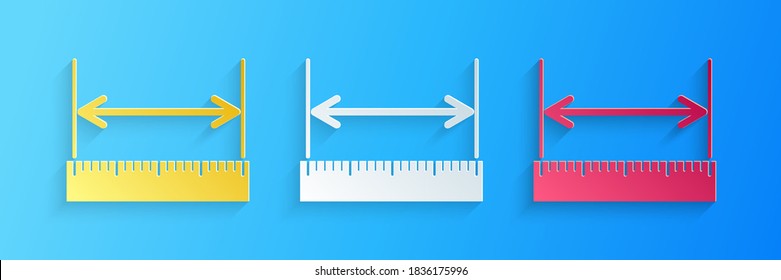 Paper cut The measuring height and length icon isolated on blue background. Ruler, straightedge, scale symbol. Paper art style. Vector.