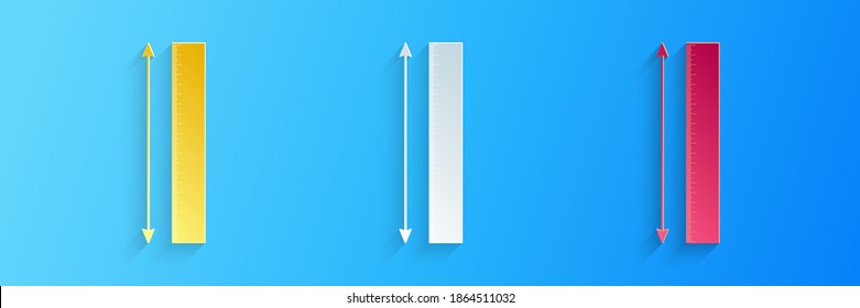 Paper cut The measuring height and length icon isolated on blue background. Ruler, straightedge, scale symbol. Paper art style. Vector.