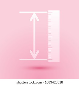 Paper cut The measuring height and length icon isolated on pink background. Ruler, straightedge, scale symbol. Geometrical instruments. Paper art style. Vector.