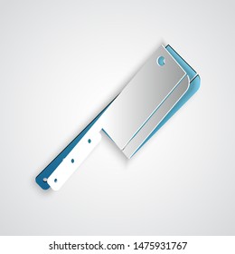 Paper cut Meat chopper icon isolated on grey background. Kitchen knife for meat. Butcher knife. Paper art style. Vector Illustration