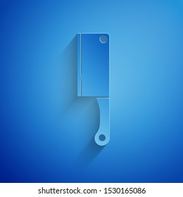 Paper cut Meat chopper icon isolated on blue background. Kitchen knife for meat. Butcher knife. Paper art style. Vector Illustration