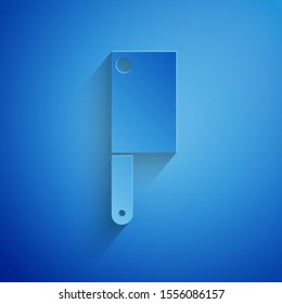 Paper cut Meat chopper icon isolated on blue background. Kitchen knife for meat. Butcher knife. Paper art style. Vector Illustration