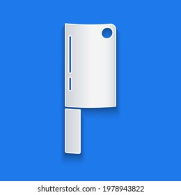 Paper cut Meat chopper icon isolated on blue background. Kitchen knife for meat. Butcher knife. Happy Halloween party. Paper art style. Vector