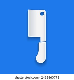 Paper cut Meat chopper icon isolated on blue background. Butcher knife. Kitchen knife for meat. Butcher knife. Paper art style. Vector