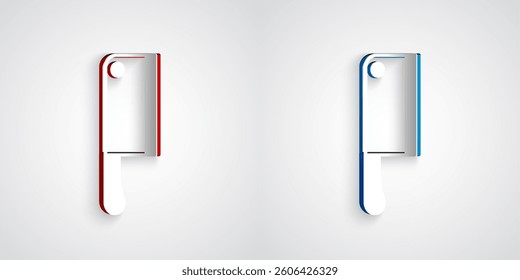 Paper cut Meat chopper icon isolated on grey background. Kitchen knife for meat. Butcher knife. Paper art style. Vector