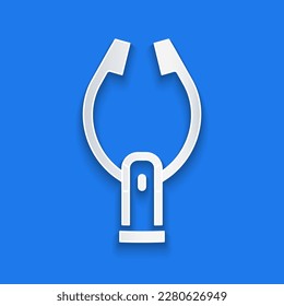 Paper cut Meat tongs icon isolated on blue background. BBQ tongs sign. Barbecue and grill tool. Paper art style. Vector