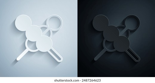 Paper cut Meatballs on wooden stick icon isolated on grey and black background. Skewer with meat. Paper art style. Vector