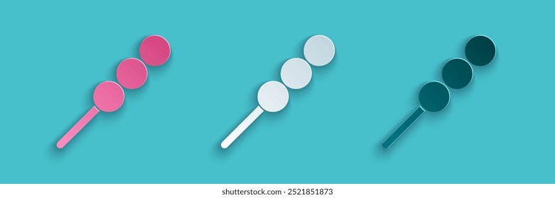 Paper cut Meatballs on wooden stick icon isolated on blue background. Skewer with meat. Paper art style. Vector Illustration