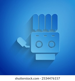 Icono mecánico de la mano del robot del corte de papel aislado en fondo azul. Símbolo de brazo robótico. Concepto tecnológico. Estilo de arte de papel. Vector