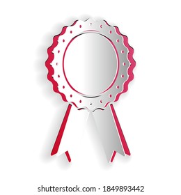 Paper cut Medal badge with ribbons icon isolated on white background. Paper art style. Vector.