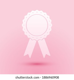 Paper cut Medal badge with ribbons icon isolated on pink background. Paper art style. Vector.