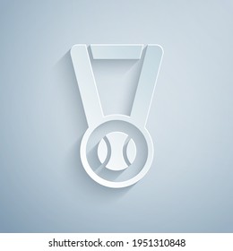 Paper cut Medal with baseball ball icon isolated on grey background. Winner symbol. Paper art style. Vector