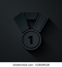 Paper cut Medal icon isolated on black background. Winner symbol. Paper art style. Vector Illustration