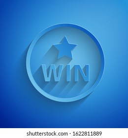 Paper cut Medal icon isolated on blue background. Winner symbol. Paper art style. Vector Illustration