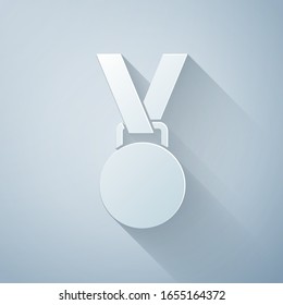 Paper cut Medal icon isolated on grey background. Winner symbol. Paper art style. Vector Illustration