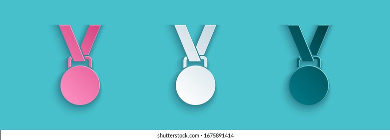 Paper cut Medal icon isolated on blue background. Winner symbol. Paper art style. Vector Illustration