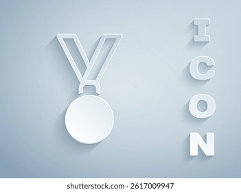 Paper cut Medal icon isolated on grey background. Winner achievement sign. Award medal. Paper art style. Vector Illustration