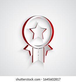 Paper cut Medal with star icon isolated on grey background. Winner achievement sign. Award medal. Paper art style. Vector Illustration