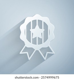 Paper cut Medal with star icon isolated on grey background. Winner achievement sign. Award medal. Paper art style. Vector