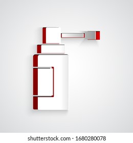 Paper cut Medical bottle with nozzle spray for the treatment of diseases of the nose and throat icon isolated on grey background. Paper art style. Vector Illustration