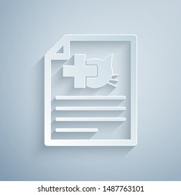 Paper cut Medical certificate for travel with dog or cat icon isolated on grey background. Document for pet. Paper art style. Vector Illustration