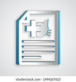 Paper cut Medical certificate for travel with dog or cat icon isolated on grey background. Document for pet. Paper art style. Vector Illustration