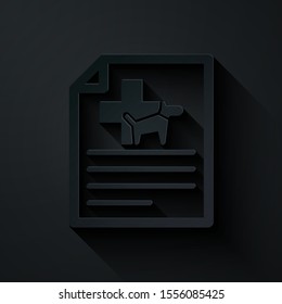 Paper cut Medical certificate for travel with dog or cat icon isolated on black background. Document for pet. Paper art style. Vector Illustration