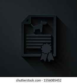 Paper cut Medical certificate for travel with dog or cat icon isolated on black background. Document for pet. Dog or cat paw print. Paper art style. Vector Illustration