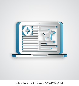 Paper cut Medical clinical record dog on laptop icon isolated on grey background. Health insurance form. Prescription, medical check marks report. Paper art style. Vector Illustration