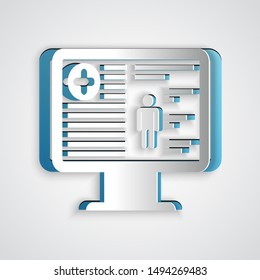 Paper cut Medical clinical record on monitor icon isolated on grey background. Health insurance form. Prescription, medical check marks report. Paper art style. Vector Illustration