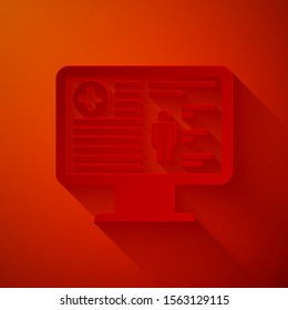 Paper cut Medical clinical record on monitor icon isolated on red background. Health insurance form. Prescription, medical check2 report. Paper art style. Vector Illustration