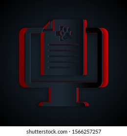 Paper cut Medical clinical record pet on monitor icon isolated on black background. Health insurance form. Prescription, medical check marks report. Paper art style. Vector Illustration