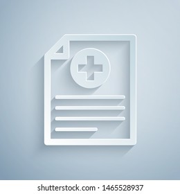 Paper cut Medical clipboard with clinical record icon isolated on grey background. Health insurance form. Prescription, medical check marks report. Paper art style. Vector Illustration