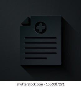Paper cut Medical clipboard with clinical record icon isolated on black background. Health insurance form. Prescription, medical check marks report. Paper art style. Vector Illustration