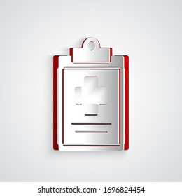 Paper cut Medical clipboard with clinical record icon isolated on grey background. Health insurance form. Prescription, medical check marks report. Paper art style. Vector Illustration