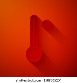Paper cut Medical digital thermometer for medical examination icon isolated on red background. Paper art style. Vector Illustration