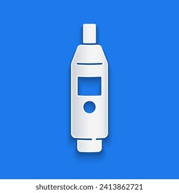 Paper cut Medical digital thermometer for medical examination icon isolated on blue background. Paper art style. Vector