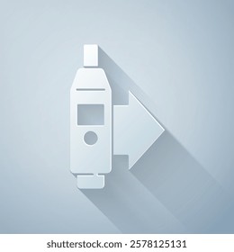 Paper cut Medical digital thermometer for medical examination icon isolated on grey background. Paper art style. Vector