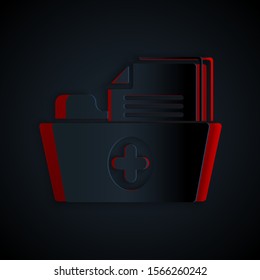 Paper cut Medical health record folder for healthcare icon isolated on black background. Patient file icon. Medical history symbol. Paper art style. Vector Illustration