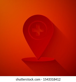 Paper cut Medical map pointer with cross hospital icon isolated on red background. Paper art style. Vector Illustration