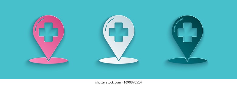 Paper cut Medical map pointer with cross hospital icon isolated on blue background. Paper art style. Vector Illustration