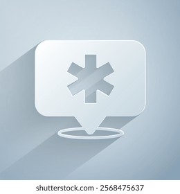 Paper cut Medical map pointer with cross hospital icon isolated on grey background. Paper art style. Vector