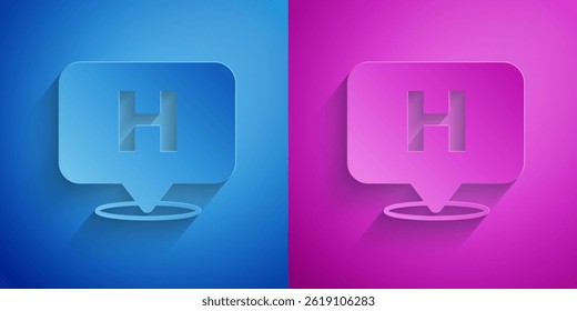 Paper cut Medical map pointer with cross hospital icon isolated on blue and purple background. Paper art style. Vector