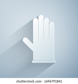 Paper cut Medical rubber gloves icon isolated on grey background. Protective rubber gloves. Paper art style. Vector Illustration